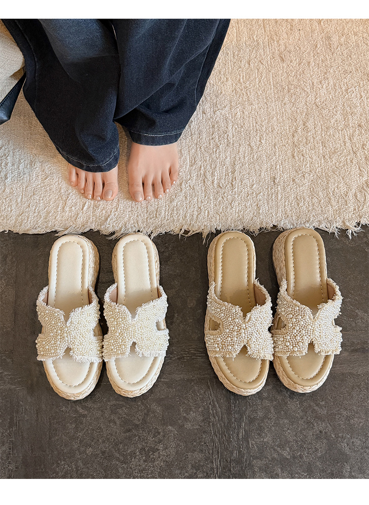 Dép sandal xỏ ngón nữ đế bệt cao 5 cm phong cách Pháp đính ngọc trai và đá — màu trắng ngà, màu mơ chi tiết 20