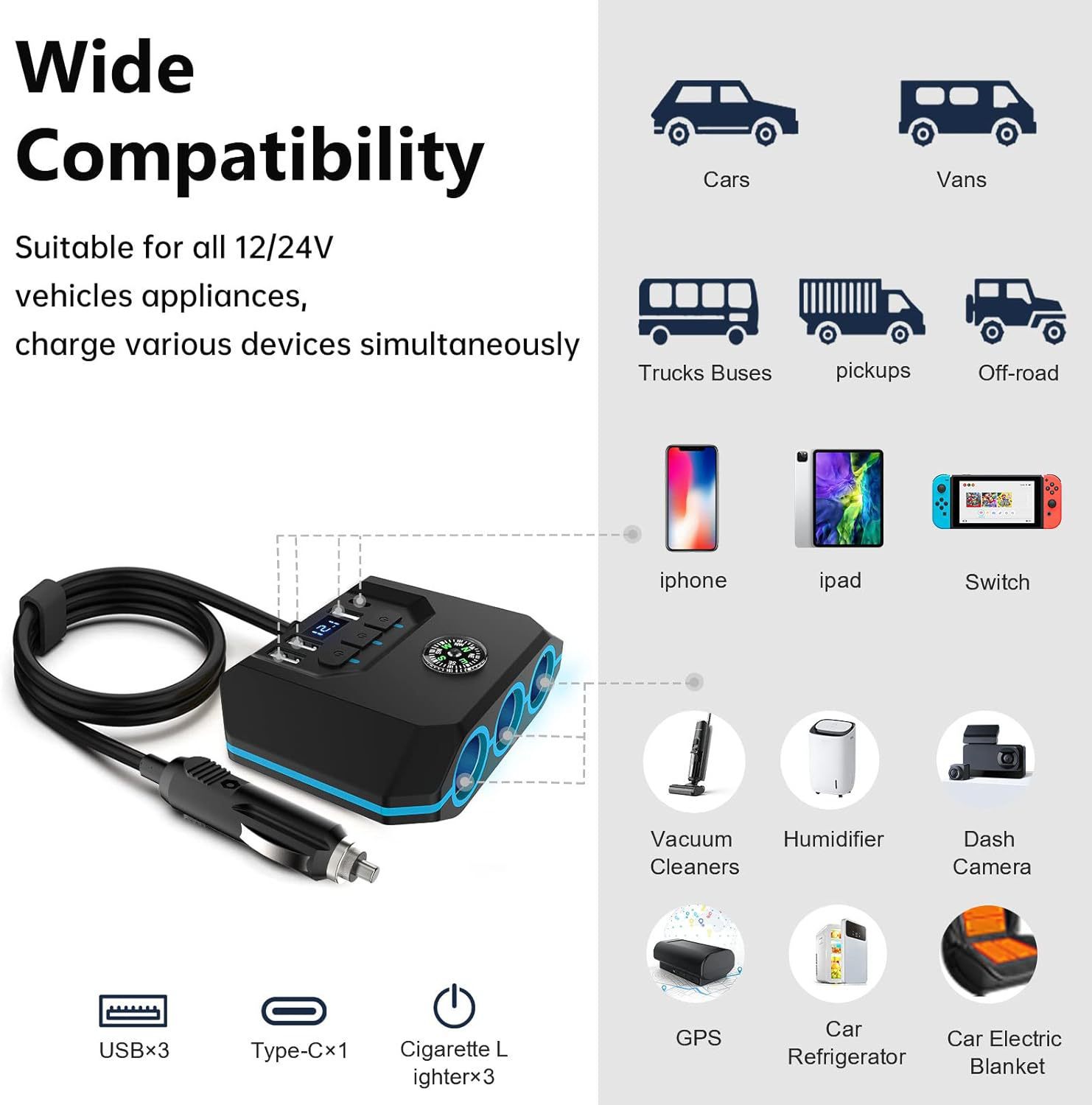 Car Cigarette Lighter Adapter with Switch, Voltage Display, 4 USB Ports, 120W Custom Car Charger for Mobile Phones