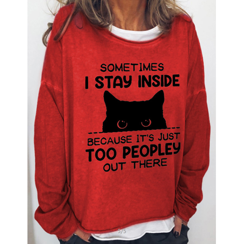 2025 Fashionable European and American Style Red Oversized Sweatshirt with Round Neck, Long Sleeves, Loose and Comfortable Top for Women with Colorful Patterns, Mid-Length Style
