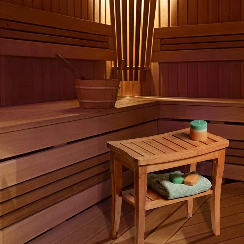 Taburete de baño europeo de 2 pisos, con asiento grueso, asiento de bambú y madera SPA taburete de ducha de bambú impermeable