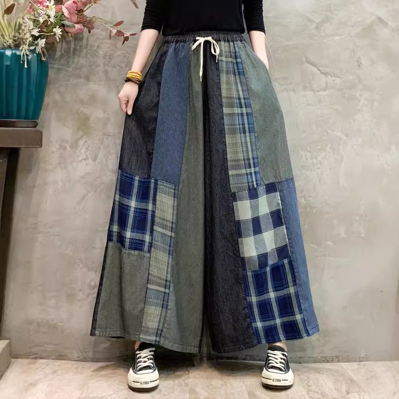 Denim wide-leg pants 2024 autumn new fashion retro plaid stitching plus size elastic waist lace-up pants skirt for women