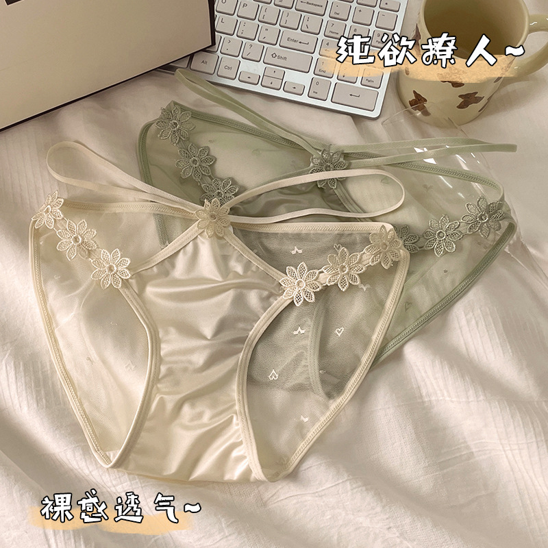 Dulce moda de encaje bordado tridimensional ropa interior de mujer puro deseo sexy cintura media-baja malla transparente calzoncillos ropa interior de mujer