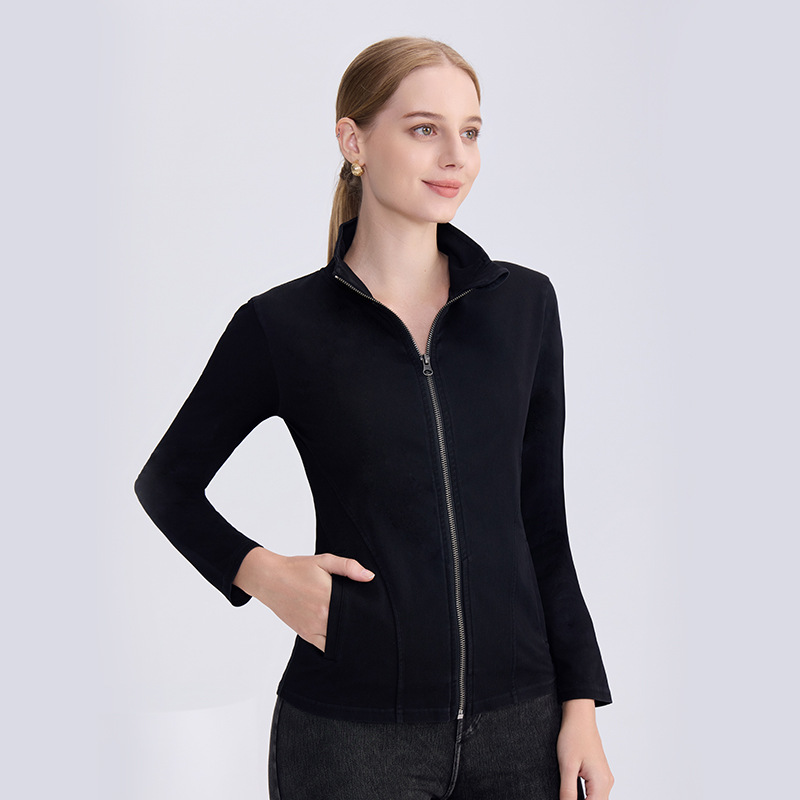 Nuevo cross-border jeans de cuello vertical chaqueta de yoga mujer delgada cuerpo apertado alto elástico doble bolsillo cremallera camisa de fitness de manga larga
