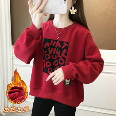 小柄な女性向けコットンセーター 2024 ゆったり 裏起毛 レタープリント プルオーバー レッド 欧風 おしゃれ 秋冬 ファッション トップス