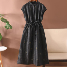 真丝刺绣龟裂纹香云纱连衣裙 国风桑蚕丝长裙子 收腰系带夏季女装