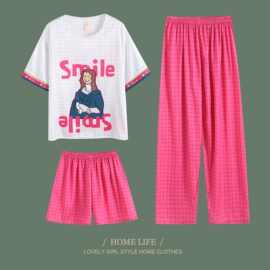 春夏季女士冰丝睡衣套装家居服薄款夏天舒适甜美短裤长裤三件套