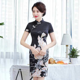 2022春夏新款真丝桑蚕丝定位印花改良旗袍礼服大码连衣裙16091