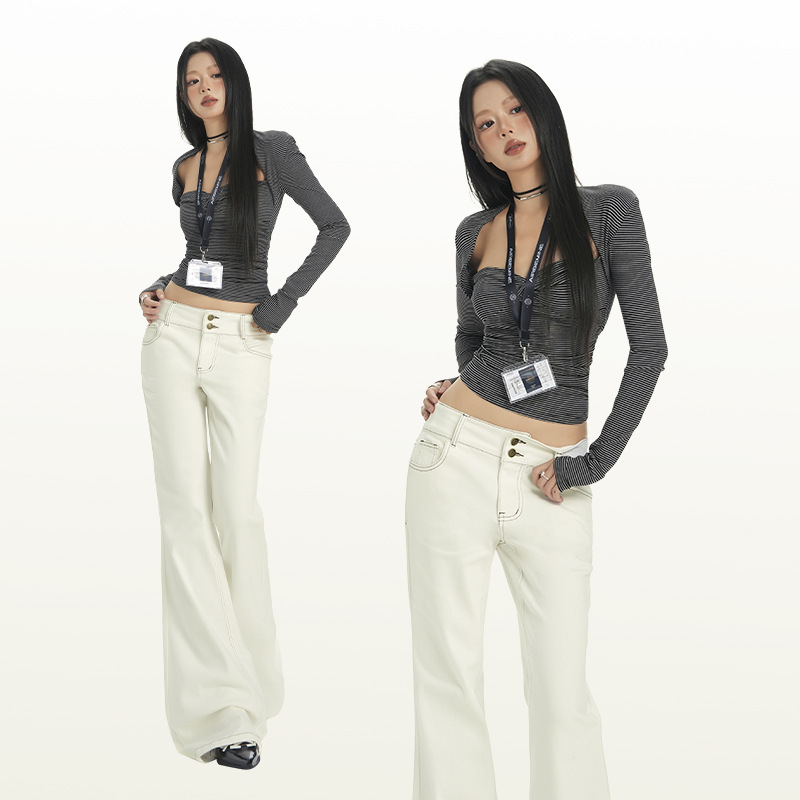 Yechuan # American-Style Off-White Bootcut Jeans, New Low-Waist Double-Breasted Design, Slimming and Slimming Bell-Bottom Pants