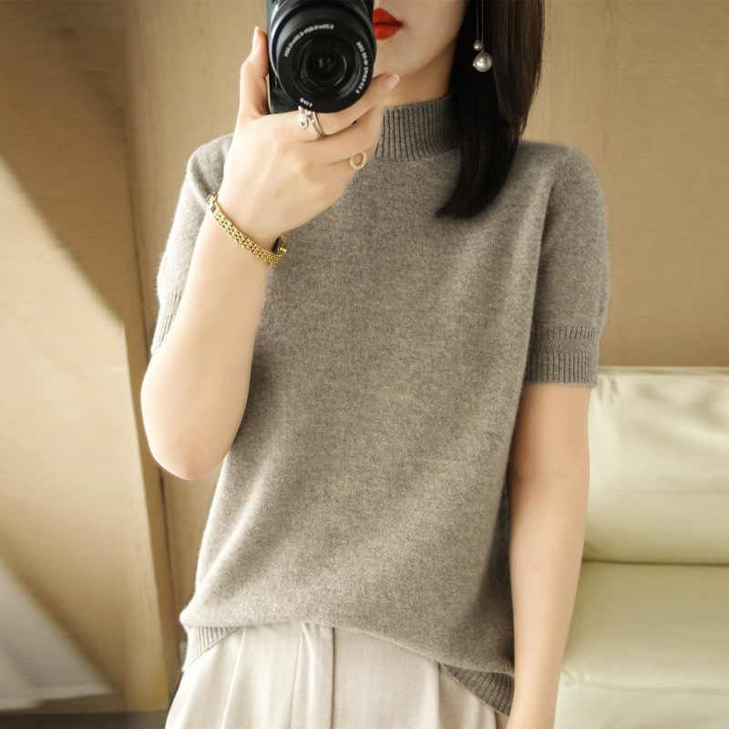 Wool blended spring and summer women's sweater sweater half turtleneck short sleeve half sleeve bottoming shirt sweater wholesale delivery Wool blended spring and summer women's sweater sweater half turtleneck short sleeve half sleeve bottoming shirt sweater wholesale delivery