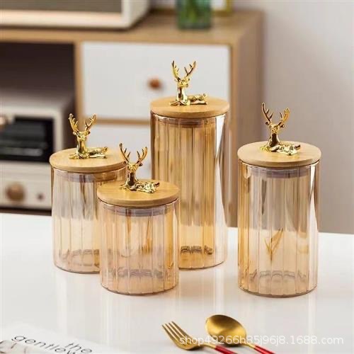 Custom Heat-Resistant Glass Kitchen Storage Tank Stripesd Glass Storage Tank Wholesale Home Creative Fawn Bamboo Lid Storage