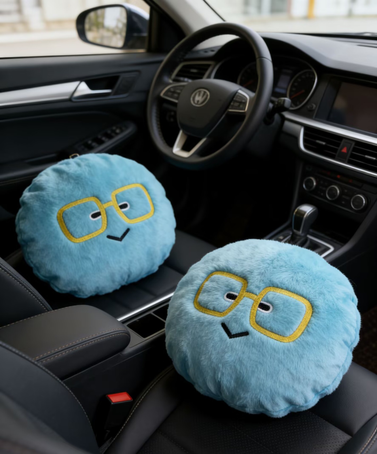 Car Headrest Neck Pillow with Smiley Face Blue Emoji Design, Car Cushion for Long Trips, Cartoon Car Headrest Pillow