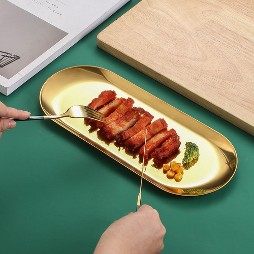 European stainless steel plate towel plate oval plate restaurant jewelry storage plate flat bottom golden small tray storage tray