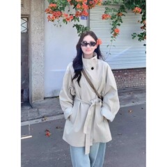 韩系立领英伦风风衣外套女装2025秋季新款高级感廓形休闲收腰大衣