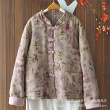 冬季新品夹棉加厚棉服女装中国风立领对襟花色加厚保暖外套