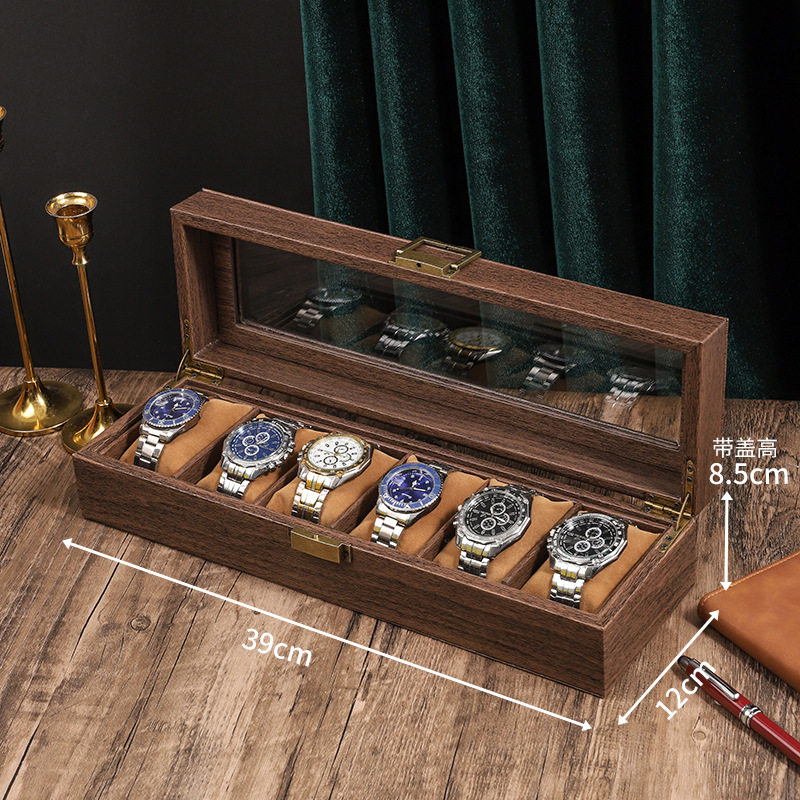 나뭇결 가죽 6위치 시계 상자(내부에 부드러운 베개 포함)