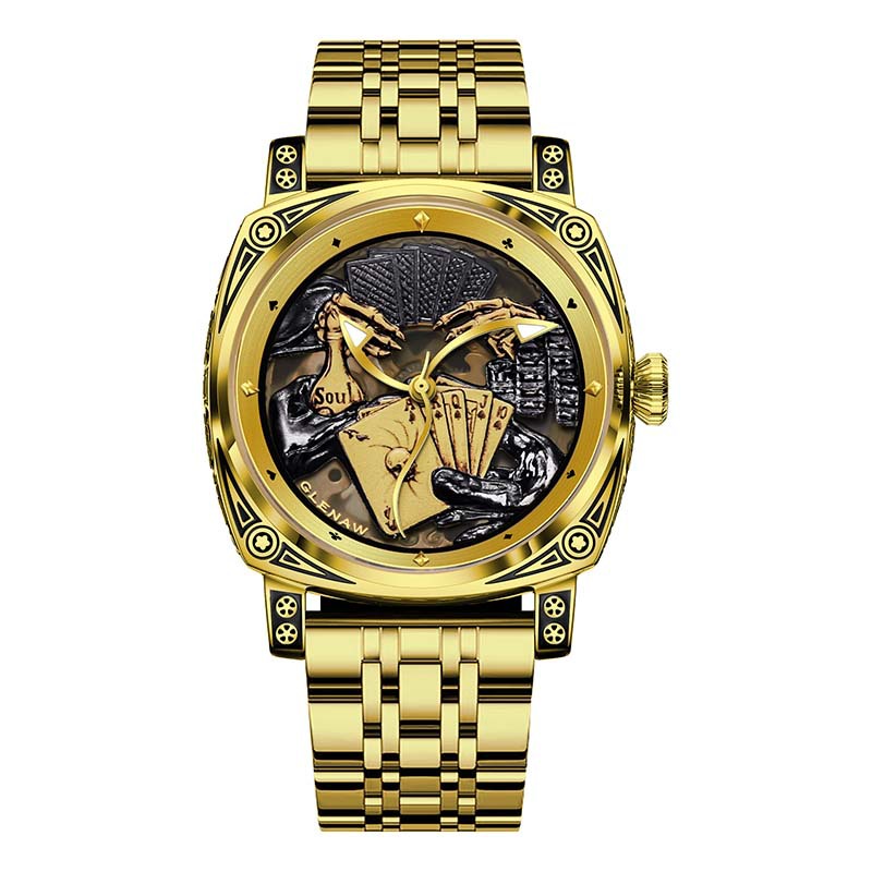 Đồng hồ cơ nam automatic lộ máy tourbillon hai mặt khắc nổi phát quang dây da bò — Vàng vừa mang, Dải thép đen bạc, Vỏ bọc vàng, Da đen bạc