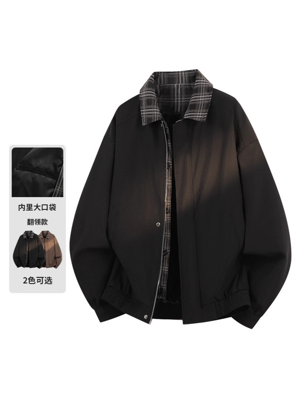 假两件夹克男春秋季格子翻领机车服街头宽松外套cleanfit休闲上衣|undefined