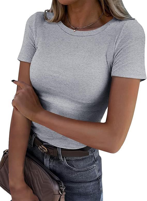 Women's Long Sleeve Ribbed T-Shirt Elastic round Neck Slim Fit Casual Basic Top European American Style_ecoleips.com