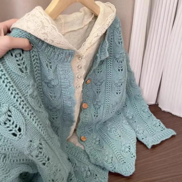 New Arrivals for Early Spring: Blue Elegant Style Hollow-Out Knit Sweater Cardigan + Hooded Lace-Trimmed Base Hoodie Set New Arrivals for Early Spring: Blue Elegant Style Hollow-Out Knit Sweater Cardigan + Hooded Lace-Trimmed Base Hoodie Set