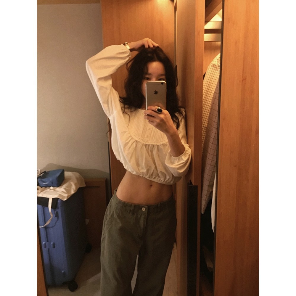 현재 2026 가을 신상 한국 동대문 소프트 소녀 감성 하이웨이스트 레이스 퍼프 소매 셔츠