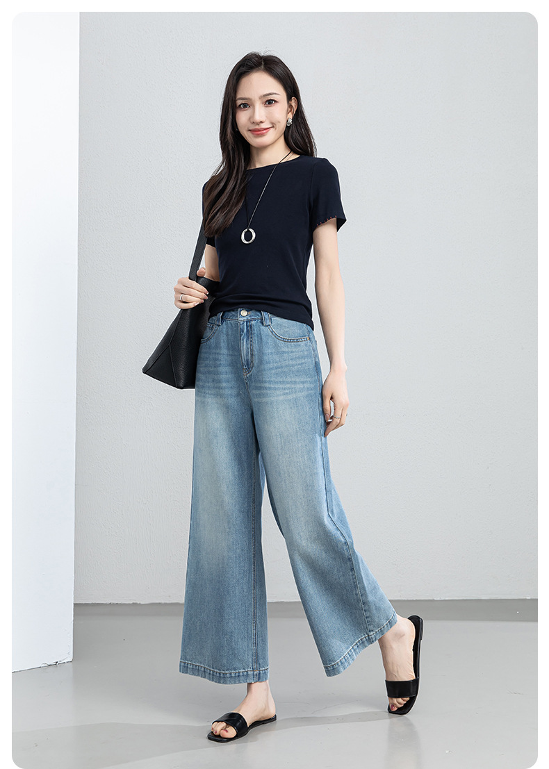 Quần jean nữ ống rộng cạp cao chất liệu tencel mềm mại, dáng suông thoải mái mùa hè — xanh lam chi tiết 18