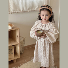 女童碎花連衣裙2024春秋新款韓版兒童娃娃領公主裙寶寶棉布長裙