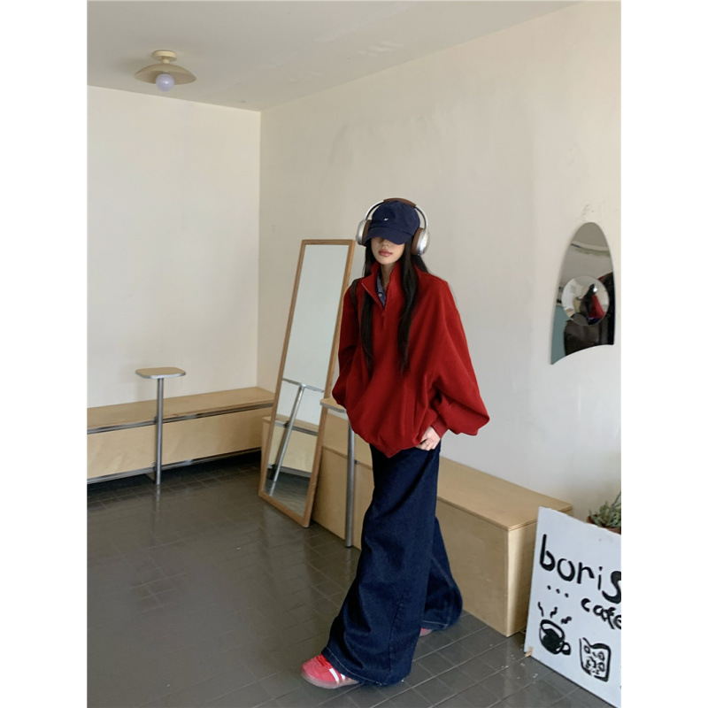 Real Photo Real Price Minimalist Heavyweight Half-Zip Stand Collar Loose Thick Slimming Versatile Pullover Sweatshirt
