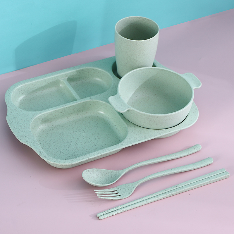 Plato de rejilla de jardín de infantes de trigo juego de seis piezas palillos resistentes a caídas tenedor cuchara taza tazón de arroz traje de vajilla para niños