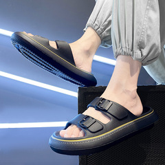 拖鞋男跨境大碼夏季新款可調節一字拖EVA厚底踩屎感涼拖鞋一腳蹬