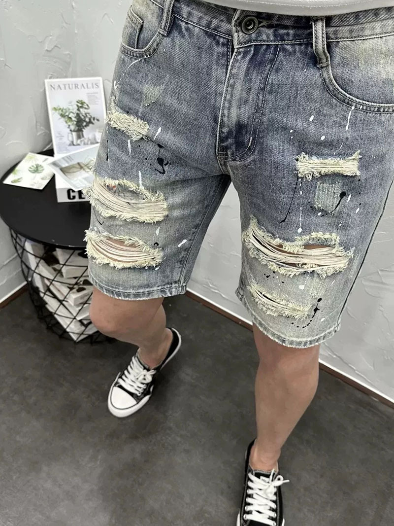 Herren Denim Shorts Retro Distressed Patchwork Stretch Sommerhose_voghion.com