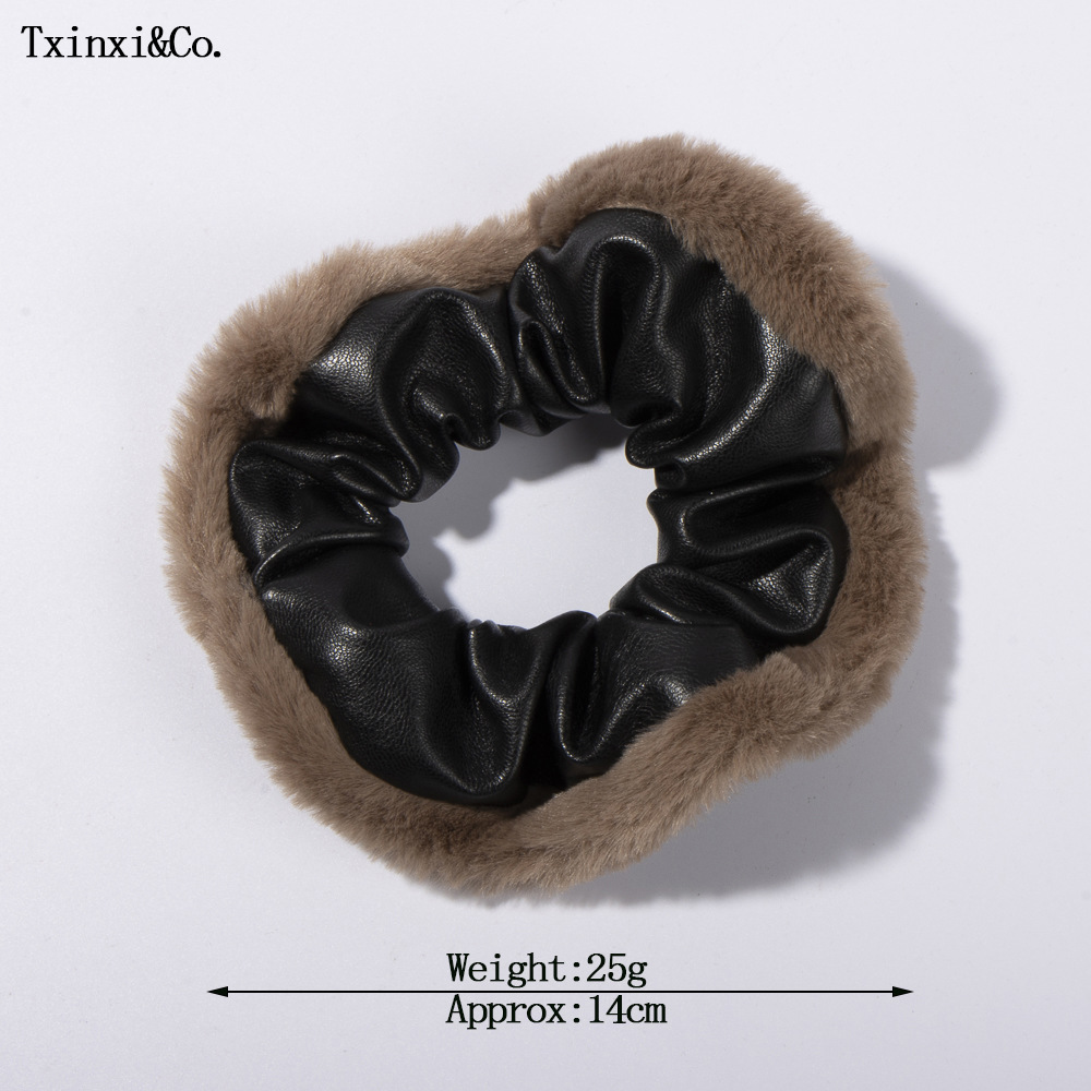 Large bowel scrunchie plush PU leather pleated scrunchie women's brown corset hair ponytail headwear_voghion.com