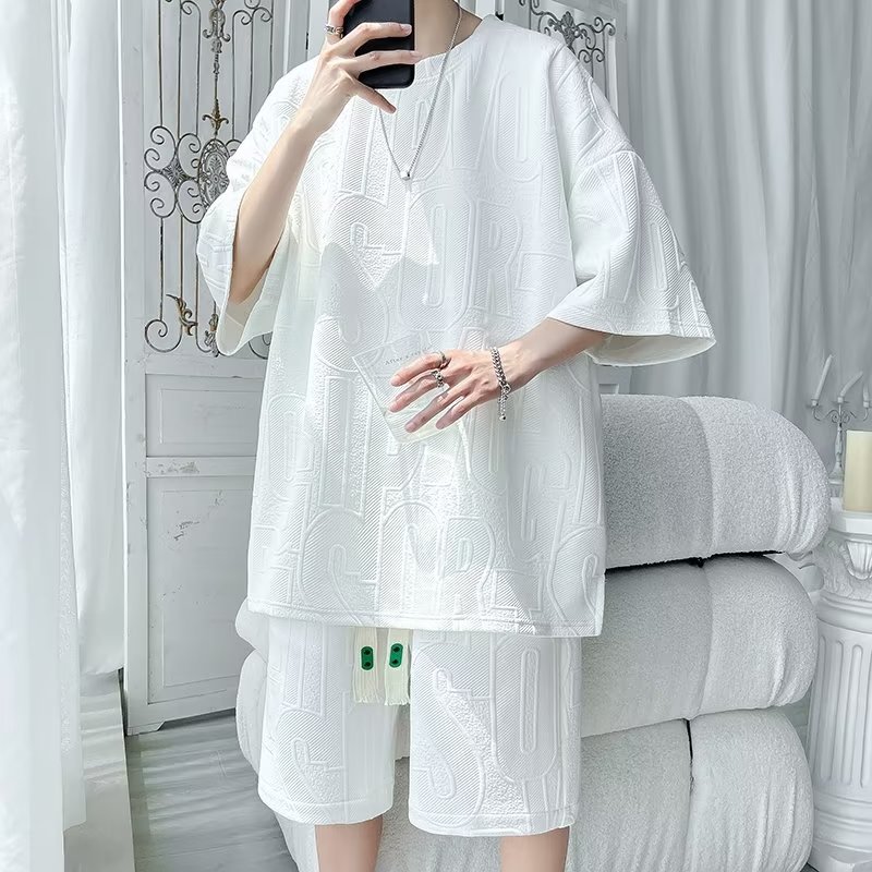 Waffle pesado traje de camiseta de cinco puntos para hombres ins Hong Kong estilo verano casual moda suelta pantalones de cinco puntos traje deportivo