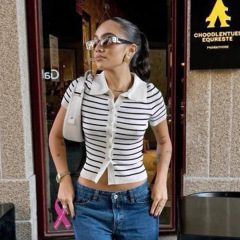 外贸欧美风撞色条纹毛织短袖单排纽扣开衫Polo领通勤针织衫上衣女