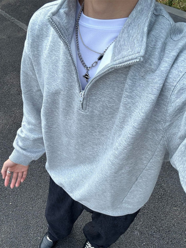 Men's American Semi-Zip Stand-Up Hoodie Sweatshirt for Spring and Autumn, Trendy Brand Heavyweight Loose Casual Versatile Unique Design Outerwear