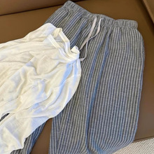 日系条纹棉麻裤子女夏季薄款小个子亚麻阔腿裤宽松慵懒休闲裤长裤