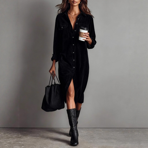 2025 new Amazon Xiyin Independence Station women's solid color corduroy long-sleeved lapel shirt loose long dress