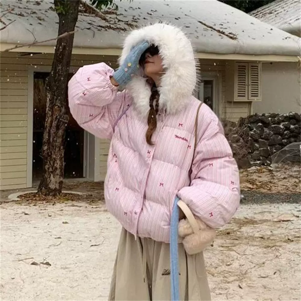甜美氛围感蝴蝶结印花条纹连帽棉服女粉色宽松保暖面包服