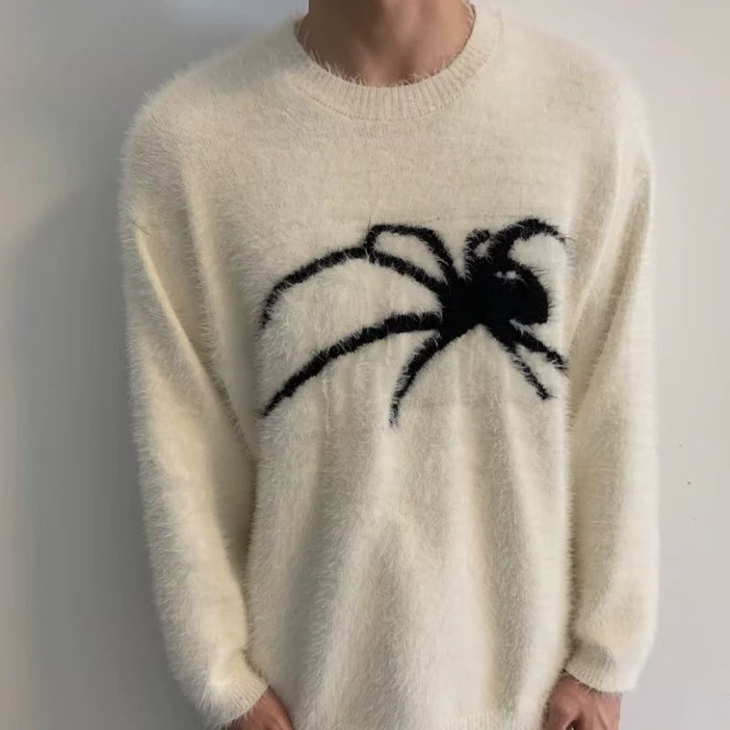 Национальная Мода High Street Spider флокирующий свитер с круглым вырезом для мужчин и женщин, свободный элитный дизайн в нише, пара, норковая бархатная вязаная ель