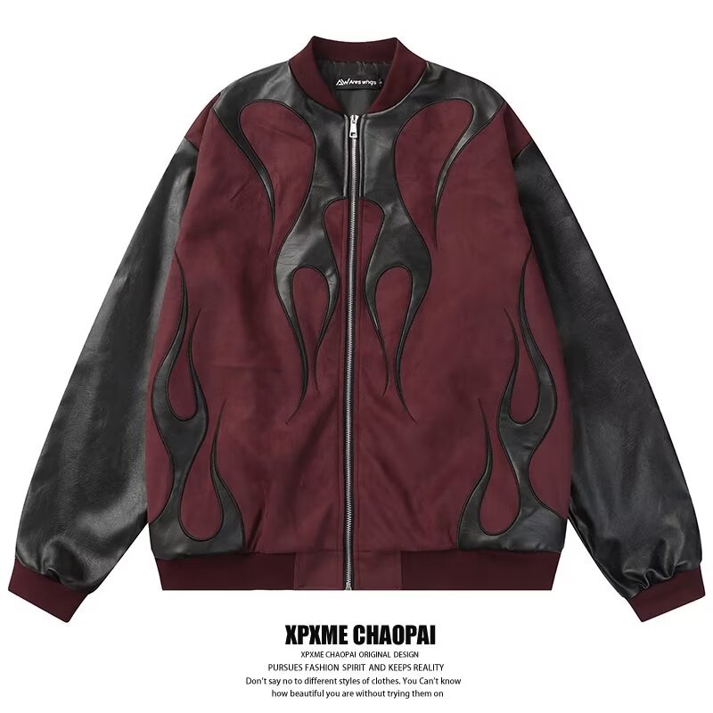 Men's Clothing high street stitching PU leather contrast color pilot jacket retro men and women couple loose casual baseball jacket_voghion.com