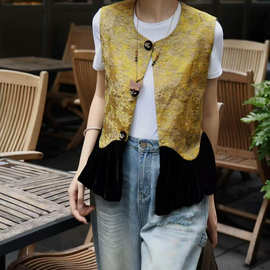 优雅风真丝雨露麻印花拼接真丝丝绒背心马甲南油秋季新品工厂批发