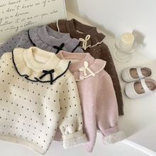女童毛衣打底衫2025新款寶寶加厚洋氣波點長袖兒童甜美花邊上衣