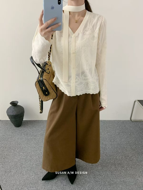 苏珊 韩系V领时尚减龄针织开衫上衣2025秋款小众上衣配飘带27537|undefined