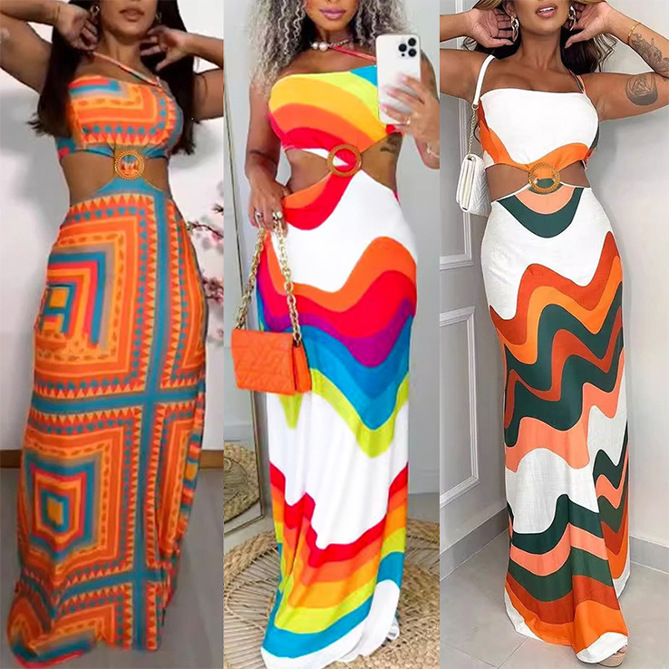427g Weight Maxi Long Dress Dress Length Type Sleeveless Sleeve Length Two Piece Dress Dresses Type Polyester Fabric Type High Waist Waist Line Holiday Occasion Strap Neckline Slim Fit Type Color Block Pattern Summer Season Women's Gender Streetwear Style Wholesale Women's Streetwear Color Block Holiday Strap Sleeveless Two Piece Dress 1