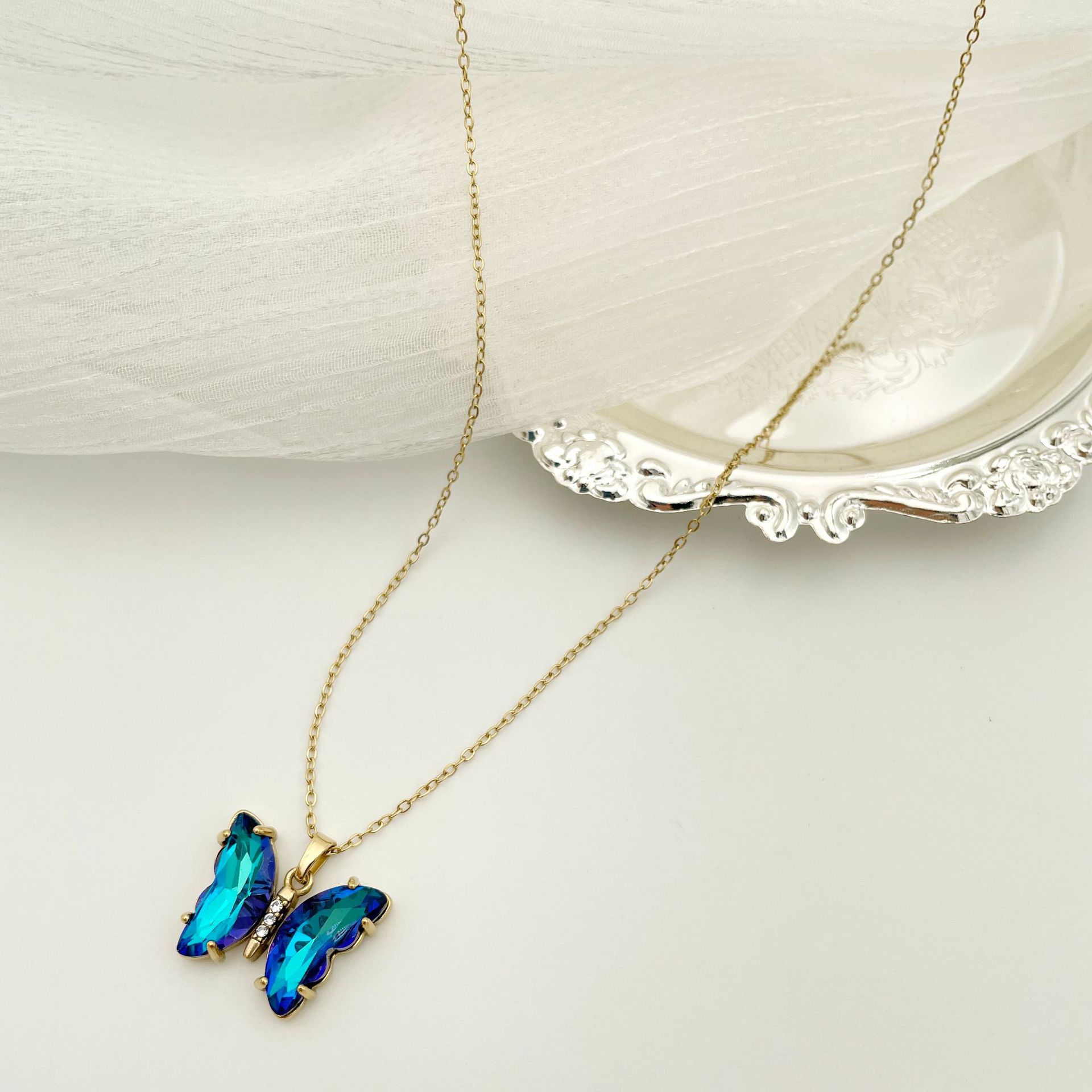 Fashion Butterfly Stainless Steel Titanium Steel Plating Zircon Pendant Necklace 1 Piece