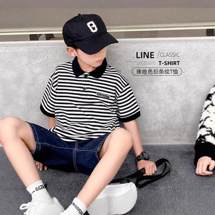 Summer Children's Striped Polo Shirt Short-Sleeve T-Shirt Black and White Boys' and Girls' Top Korean Version Trendy Style for Older Children