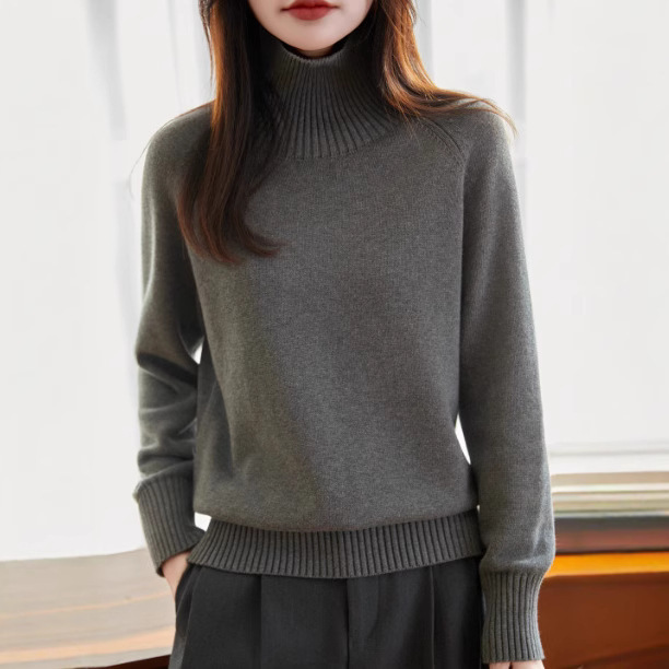 French Classy 100 Cotton Thread Knitwear for Women 2025 New Loose Thickeneded Warm Base Layer High Collar Knitwear