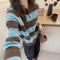 宽松时尚撞色条纹100羊毛开衫女秋冬圆领毛衣外套拼色羊绒外搭