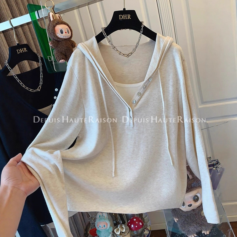 American-Style Faux Two-Piece Hooded Knit Sweater for Women, 2025 Autumn New Loose Slimming Sweater Base Shirt Versatile Top