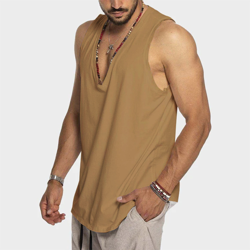 Camiseta sin Mangas Casual de Color Sólido para Hombre de Algodón para Verano