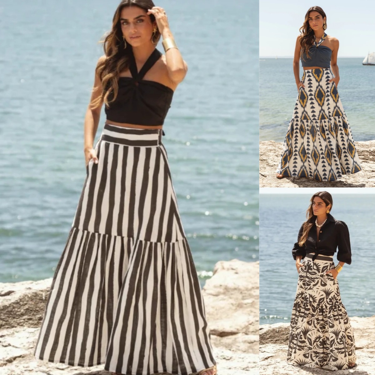 2026 European and American Cross-Border Amazon New Summer Skirt Striped Print High-Waisted A-Line Vacation Skirt for Women